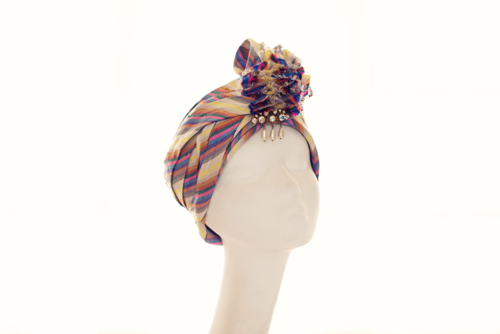 Multicoloured silk turban with drop pearl adornment